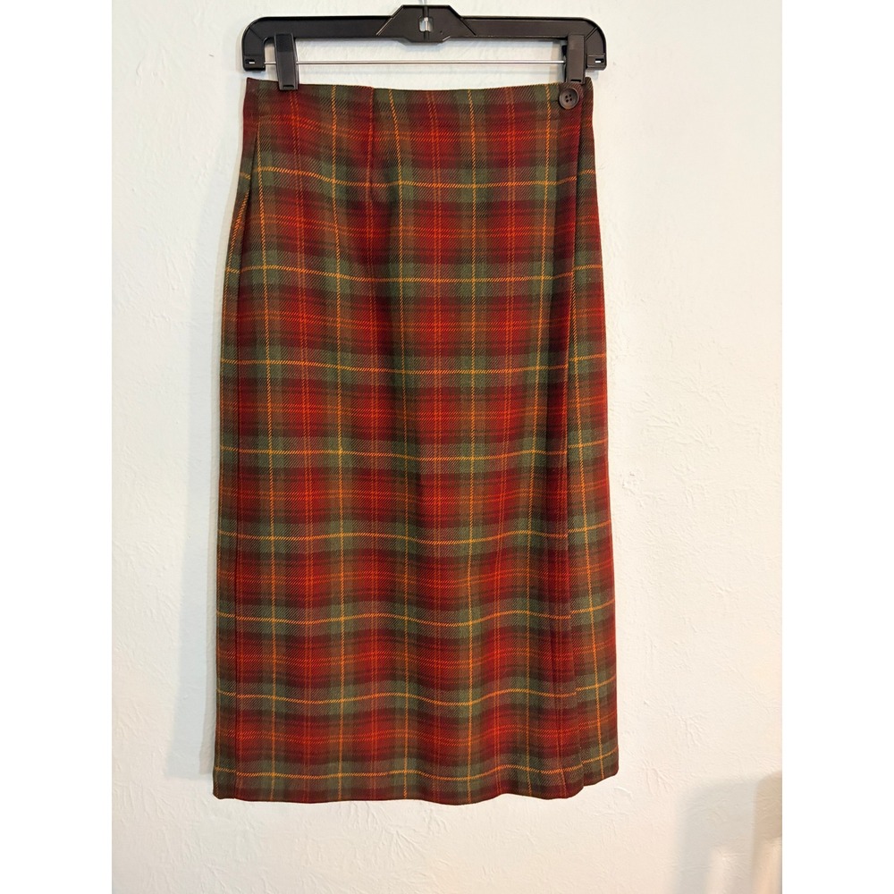 LL Bean Wool Plaid Skirt 4Petite Red Green Vintage 90s Career Pencil Skirt